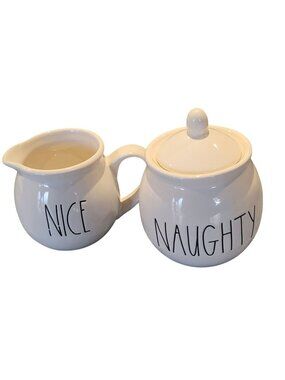 Rae Dunn Artisan Collection White Ceramic "Nice & Naughty" Creamer & Sugar Set